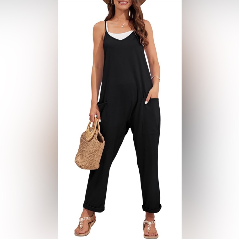 Loose Casual V Neck Jumpsuits Spaghetti Straps Long Pants Overalls With Pockets